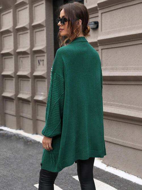 Pearl Detail Cable-Knit Button Up Cardigan - Trendsi - Flyclothing LLC