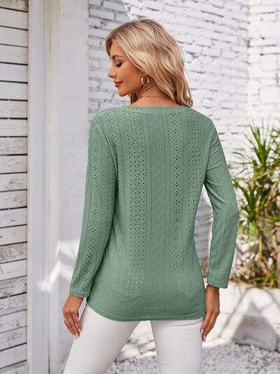 Decorative Button Openwork V-Neck T-Shirt - Trendsi - Flyclothing LLC