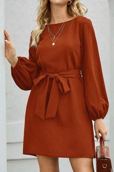 Tied Boat Neck Balloon Sleeve Mini Dress - Trendsi - Flyclothing LLC