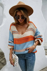Color Block Scoop Neck Dropped Shoulder Sweater - Trendsi - Flyclothing LLC