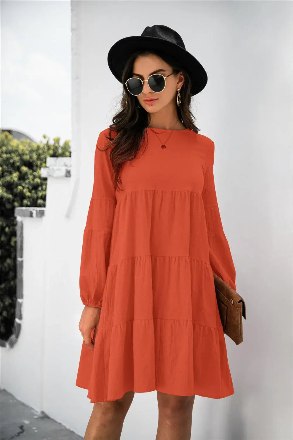 Balloon Sleeve Keyhole Tiered Dress - Trendsi - Flyclothing LLC