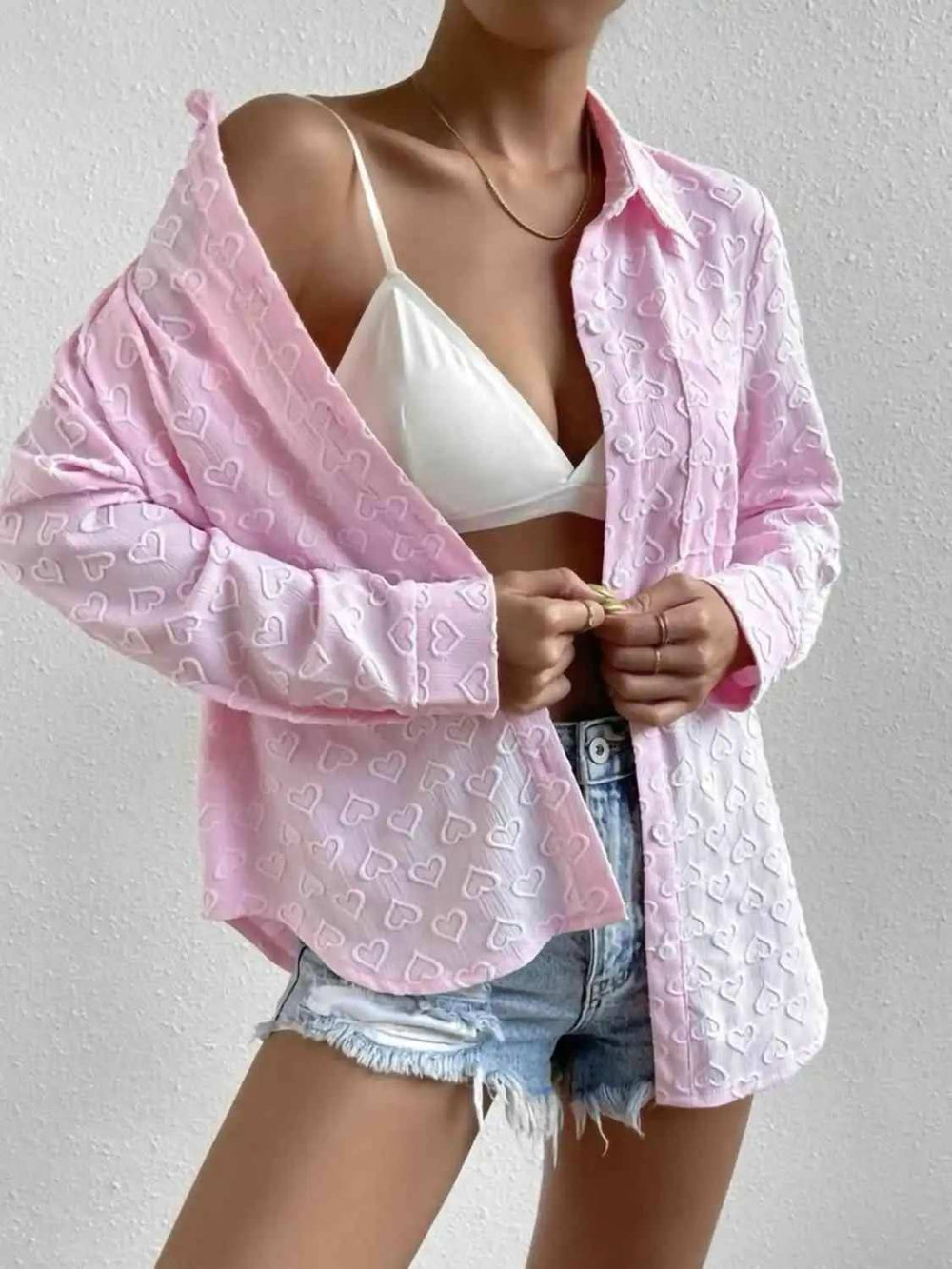 Heart Collared Neck Button Down Shirt - Trendsi - Flyclothing LLC