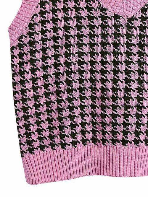 Houndstooth V-Neck Sweater Vet - Trendsi - Flyclothing LLC