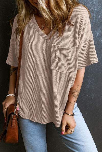 Textured V-Neck Dropped Shoulder T-Shirt - Trendsi - Flyclothing LLC