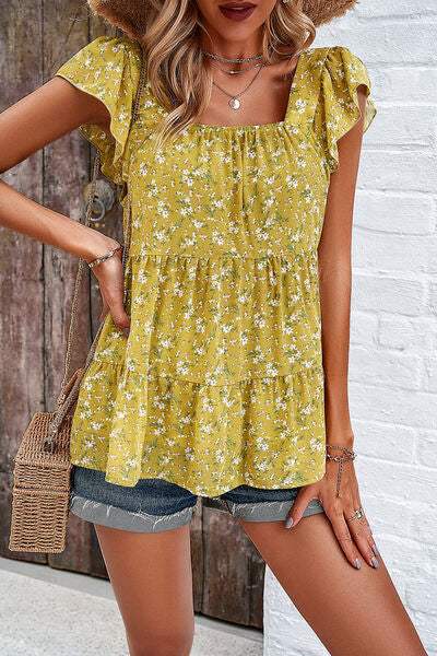 Printed Square Neck Cap Sleeve Blouse - Trendsi - Flyclothing LLC