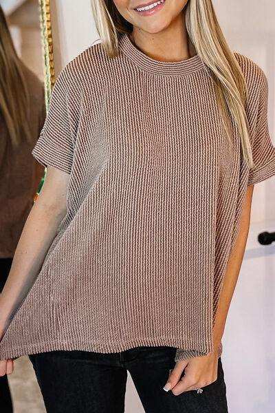 Textured Round Neck Short Sleeve T-Shirt - Trendsi - Flyclothing LLC