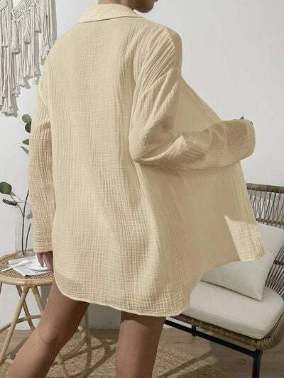 Dropped Shoulder Button Up Top and Elastic Waist Shorts Set - Trendsi - Flyclothing LLC