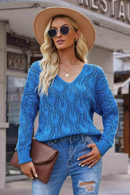 Openwork V-Neck Knit Top - Trendsi - Flyclothing LLC
