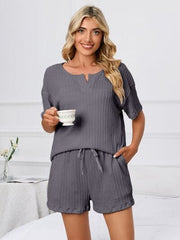 Notched Short Sleeve and Shorts Lounge Set - Trendsi