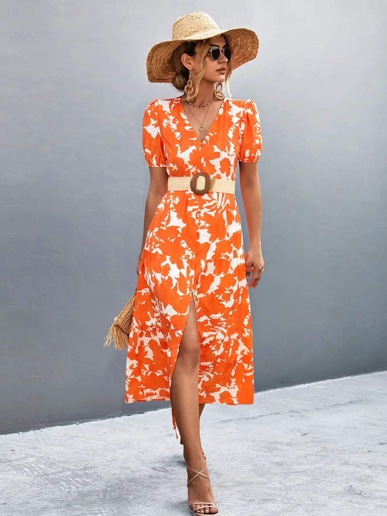 V-Neck Short Sleeve High Slit Midi Dress - Trendsi - Flyclothing LLC