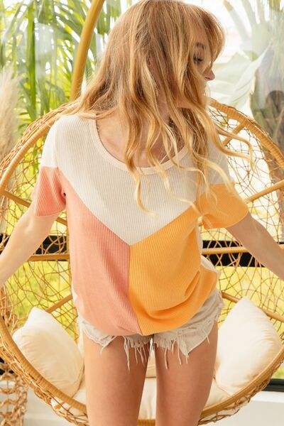 BiBi Round Neck Color Block Short Sleeve T-Shirt - Trendsi - Flyclothing LLC
