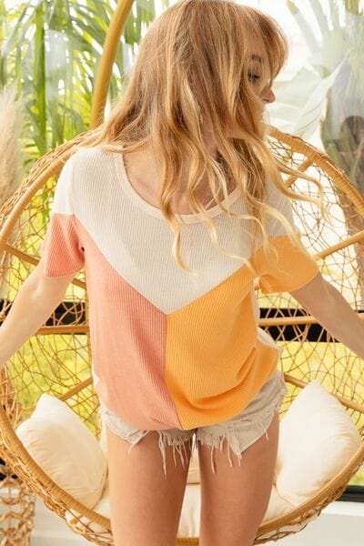 BiBi Round Neck Color Block Short Sleeve T-Shirt - Trendsi - Flyclothing LLC