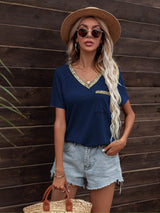Glitter V-Neck Short Sleeve Tee Shirt - Trendsi - Flyclothing LLC