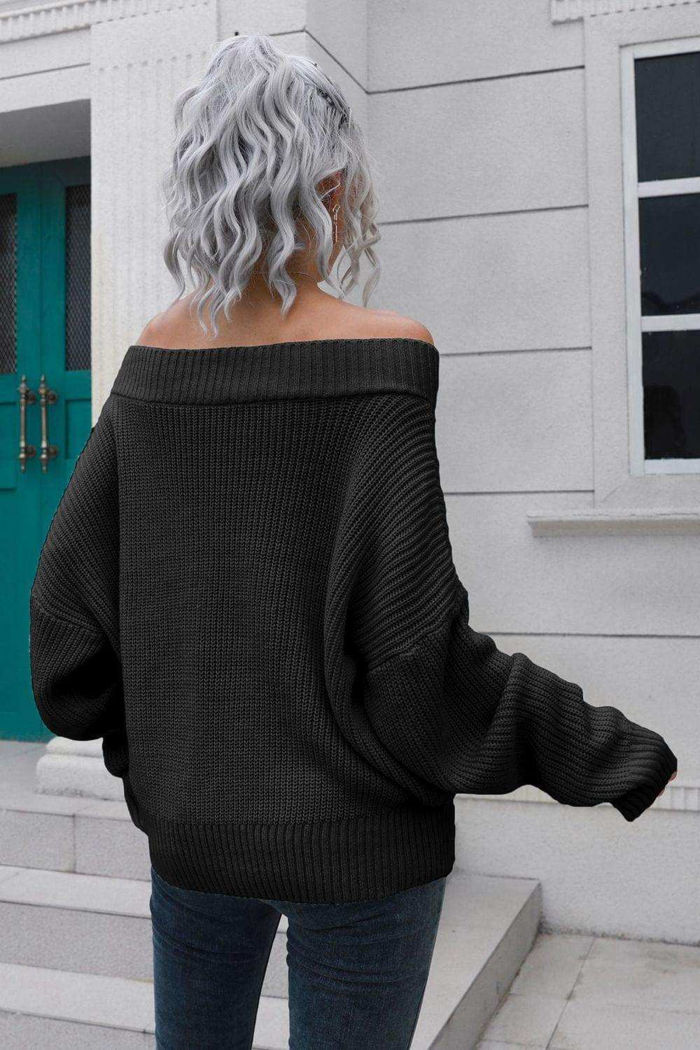 Off-Shoulder Ribbed Long Sleeve Pullover Sweater - Trendsi - Flyclothing LLC