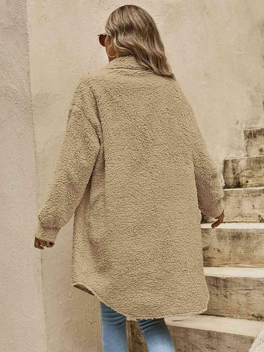 Collared Button Down Coat - Trendsi