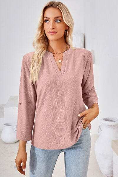 Notched Roll-Tab Sleeve T-Shirt - Trendsi - Flyclothing LLC