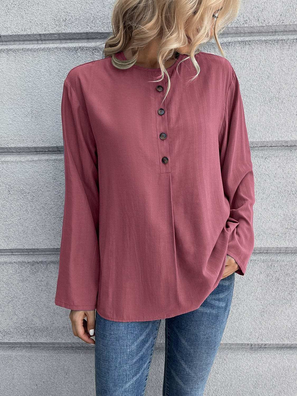 Half Button Long Sleeve Blouse - Trendsi - Flyclothing LLC