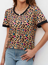 Leopard Round Neck Short Sleeve Tee Shirt - Trendsi - Flyclothing LLC