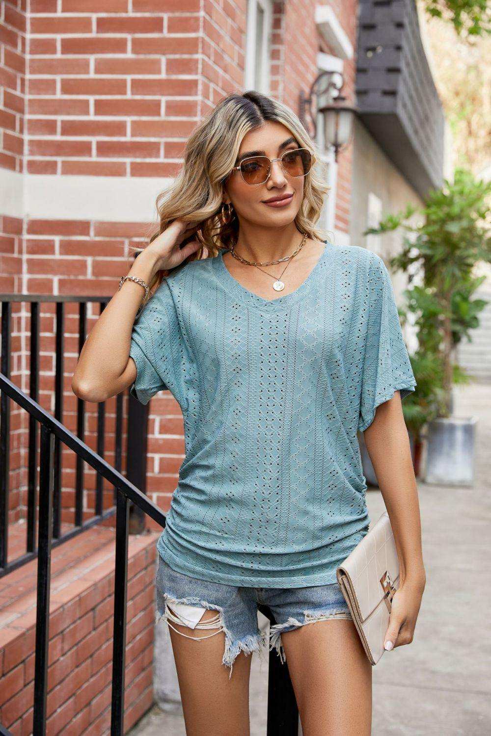 Flutter Sleeve Eyelet Gathered Detail Top - Trendsi - Flyclothing LLC