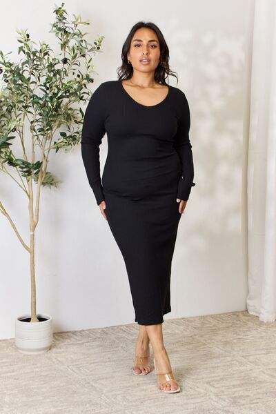Culture Code Full Size Ribbed Long Sleeve Midi Slit Dress - Trendsi - Flyclothing LLC