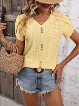 Eyelet V-Neck Petal Sleeve T-Shirt - Trendsi - Flyclothing LLC