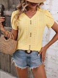 Eyelet V-Neck Petal Sleeve T-Shirt - Trendsi - Flyclothing LLC