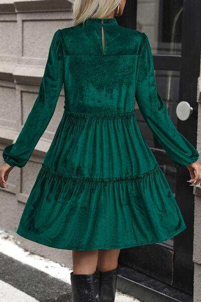 Smocked Balloon Sleeve Frill Trim Tiered Dress - Trendsi - Flyclothing LLC
