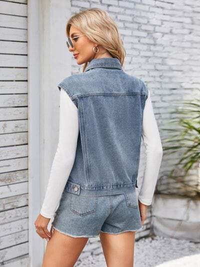 Button Up Cap Sleeve Denim Jacket - Trendsi - Flyclothing LLC