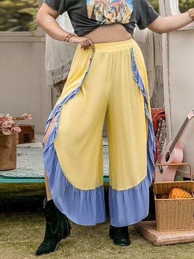 Plus Size Contrast Ruffled Wide Leg Pants - Trendsi - Flyclothing LLC