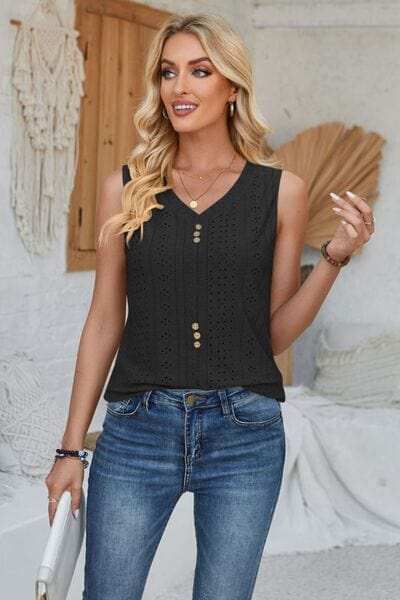 Eyelet Decorative Button V-Neck Tank - Trendsi - Flyclothing LLC