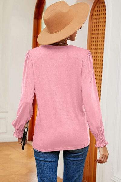 Lace Detail V-Neck Lantern Sleeve T-Shirt - Trendsi - Flyclothing LLC