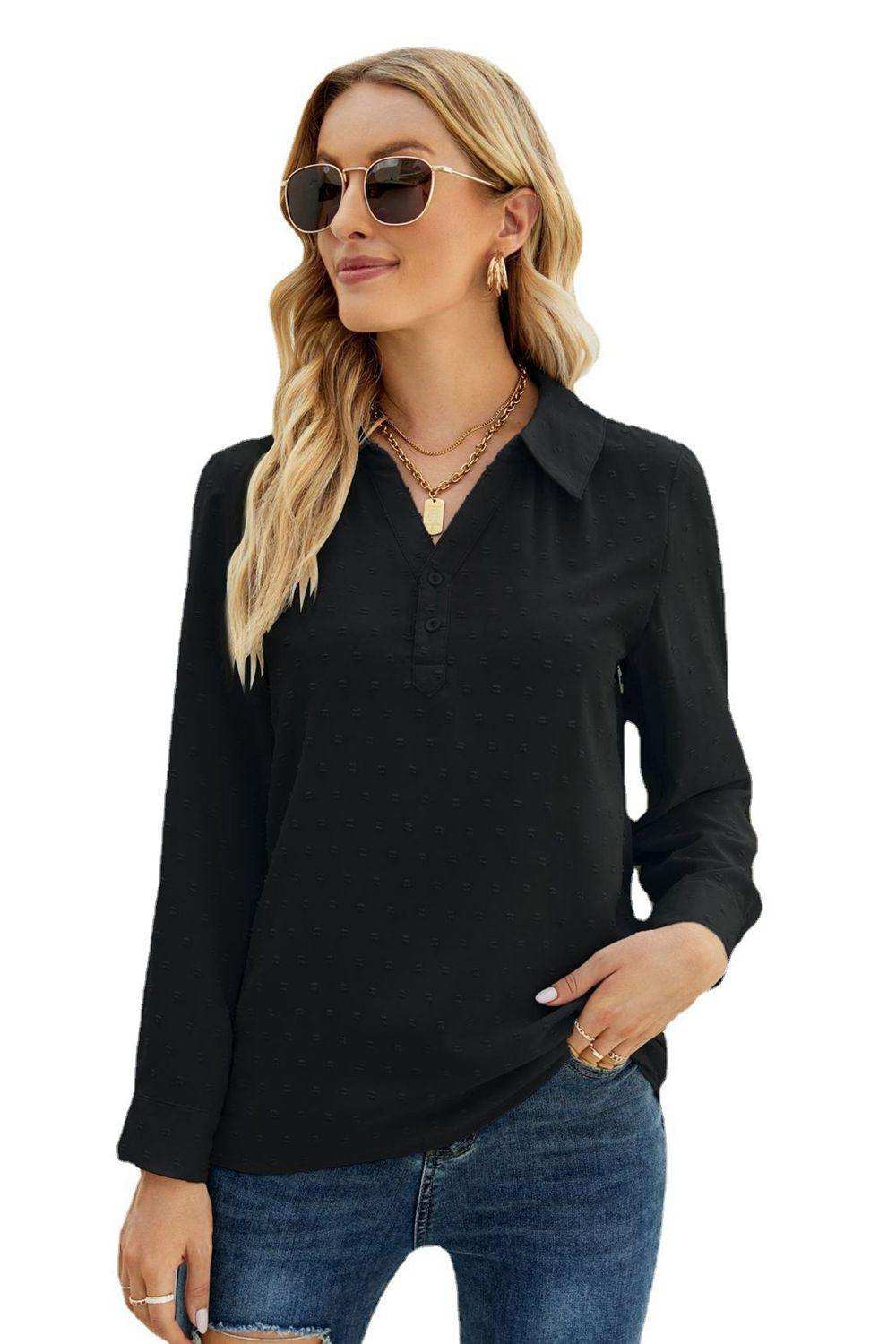 Swiss Dot Johnny Collar Blouse - Trendsi - Flyclothing LLC