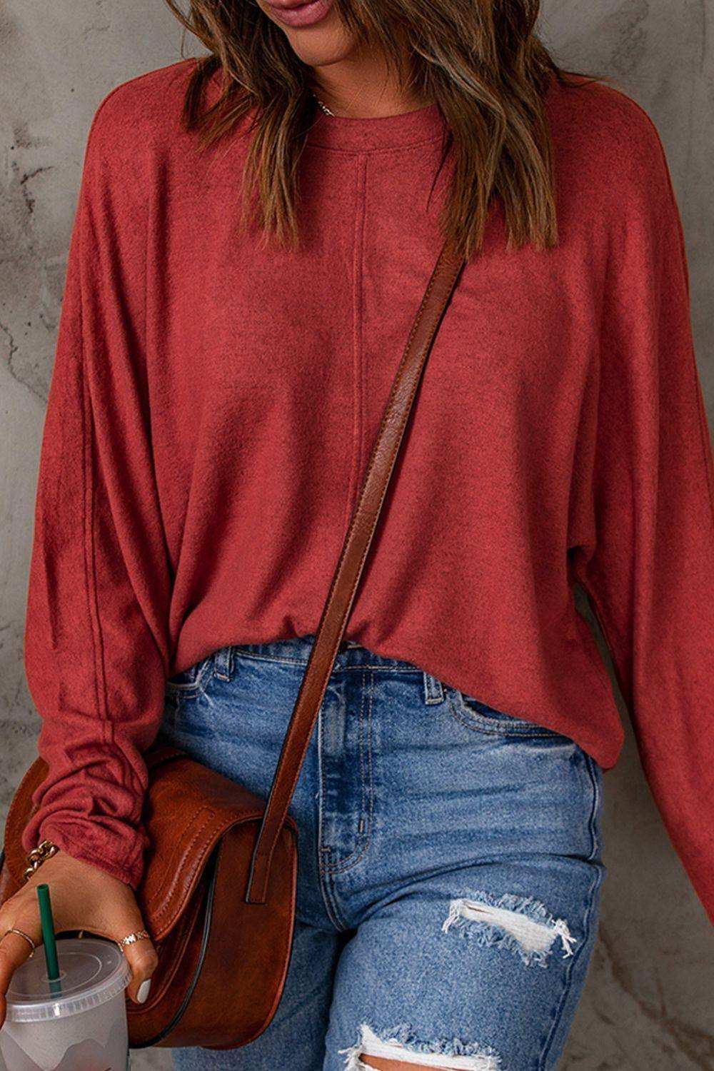 Seam Detail Round Neck Long Sleeve Top - Trendsi - Flyclothing LLC