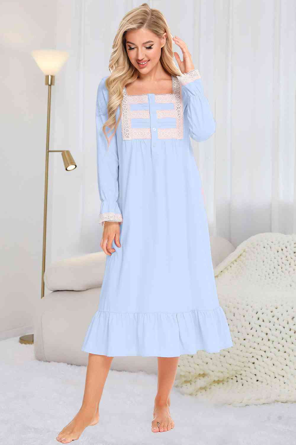 Lace Detail Square Neck Flounce Sleeve Night Dress - Trendsi - Flyclothing LLC