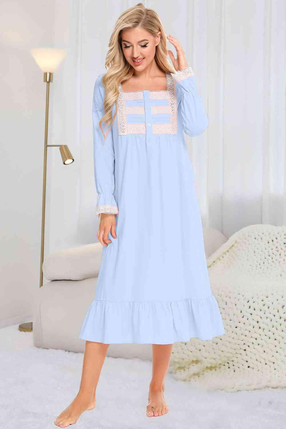 Lace Detail Square Neck Flounce Sleeve Night Dress - Trendsi