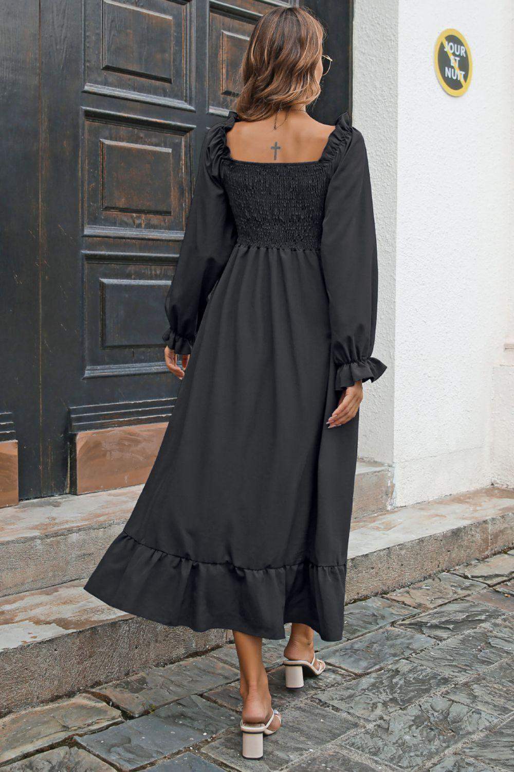 Smocked Ruffle Hem Flounce Sleeve Dress - Trendsi - Flyclothing LLC