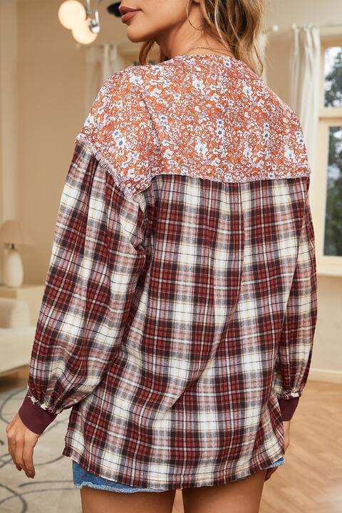 Plaid Notched Neck Slit Blouse - Trendsi - Flyclothing LLC