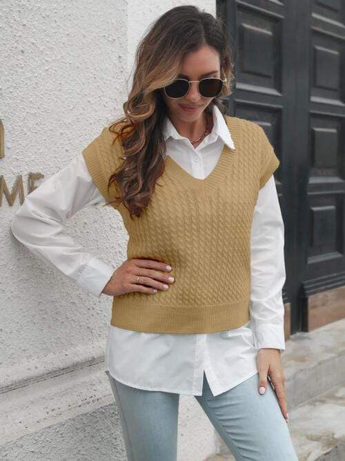 Cable-knit V-Neck Sweater Vest - Trendsi - Flyclothing LLC