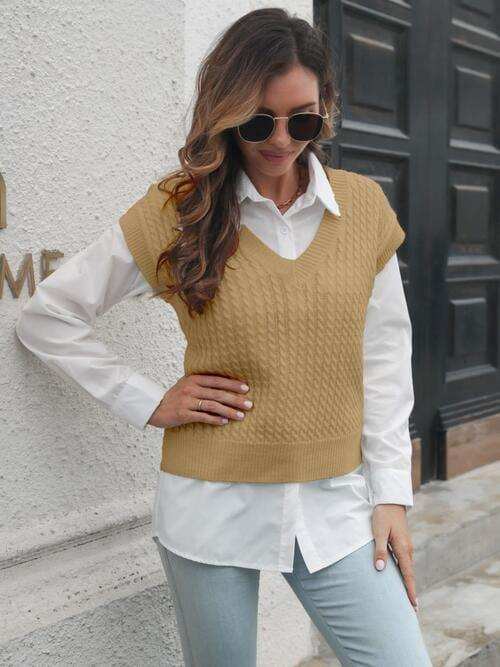 Cable-knit V-Neck Sweater Vest - Trendsi - Flyclothing LLC