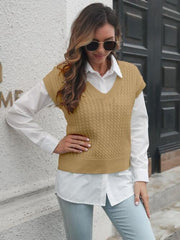 Cable-knit V-Neck Sweater Vest - Trendsi