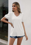V-Neck Decorative Buttons Puff Sleeve Tee - Trendsi - Flyclothing LLC