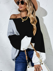 Color Block Balloon Sleeve Boat Neck Sweater - Trendsi