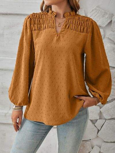Ruched Swiss Dot Notched Balloon Sleeve T-Shirt - Trendsi - Flyclothing LLC