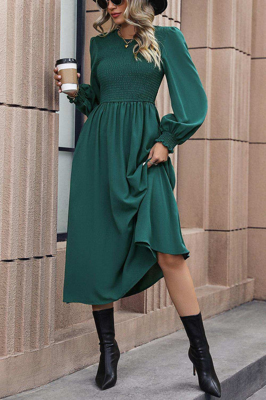 Smocked Long Sleeve Midi Dress - Trendsi - Flyclothing LLC