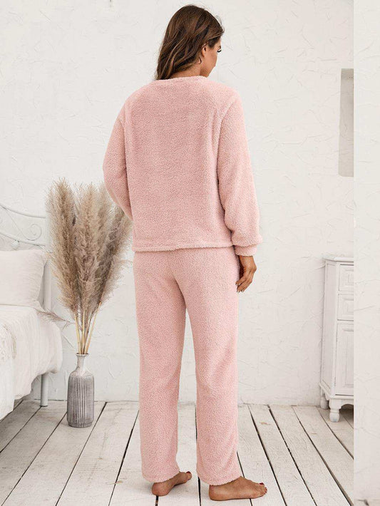 Teddy Long Sleeve Top and Pants Lounge Set - Trendsi - Flyclothing LLC