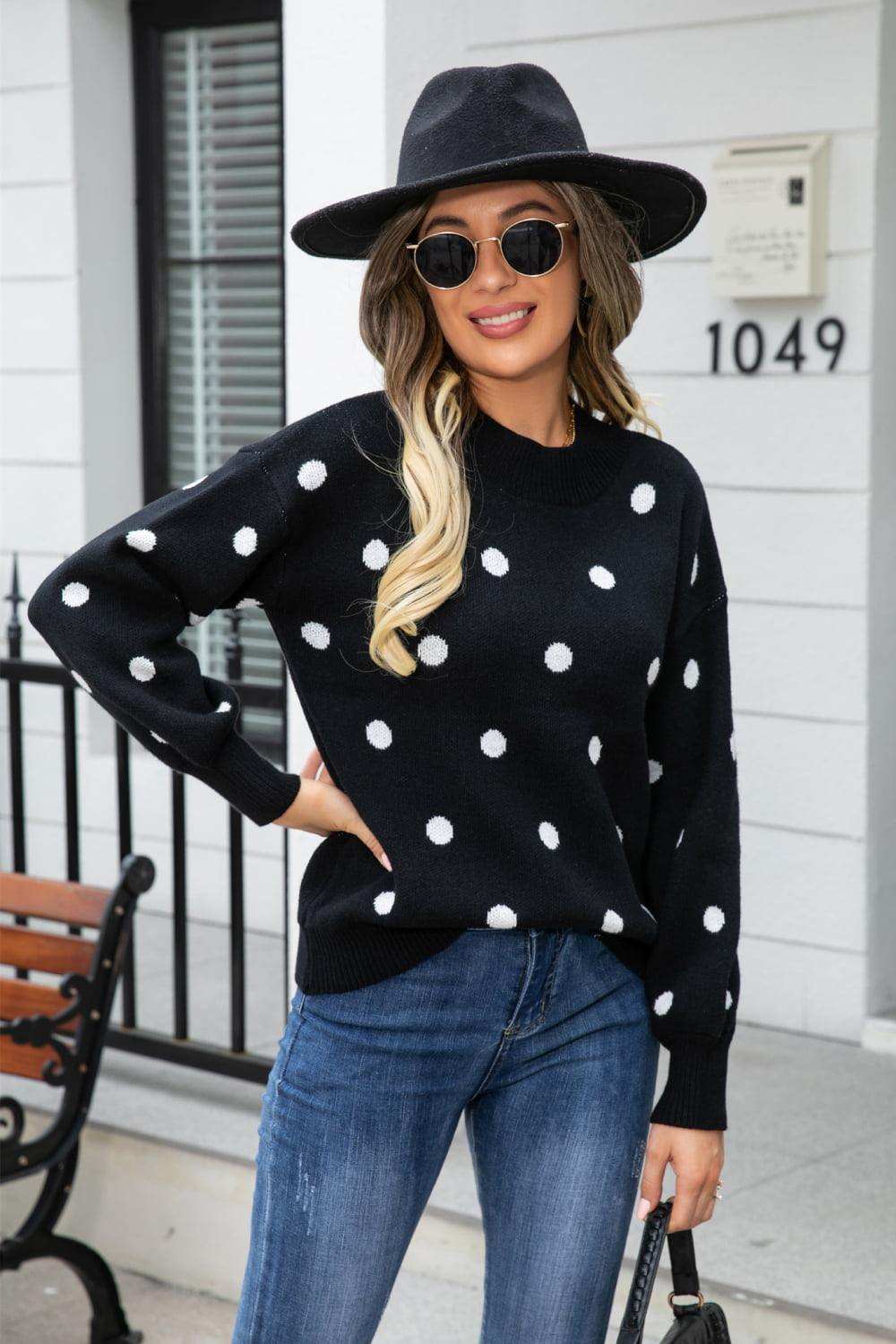 Polka Dot Round Neck Dropped Shoulder Sweater - Trendsi - Flyclothing LLC
