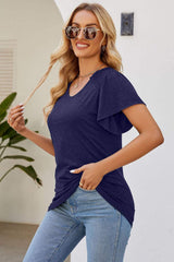 Smocked Round Neck Flutter Sleeve T-Shirt - Trendsi - Flyclothing LLC