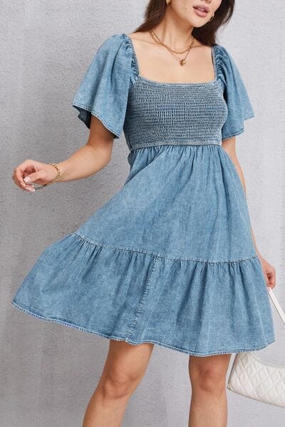 Smocked Square Neck Mini Denim Dress - Flyclothing LLC