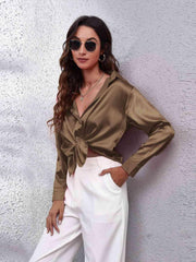 Collared Neck Buttoned Long Sleeve Shirt - Trendsi