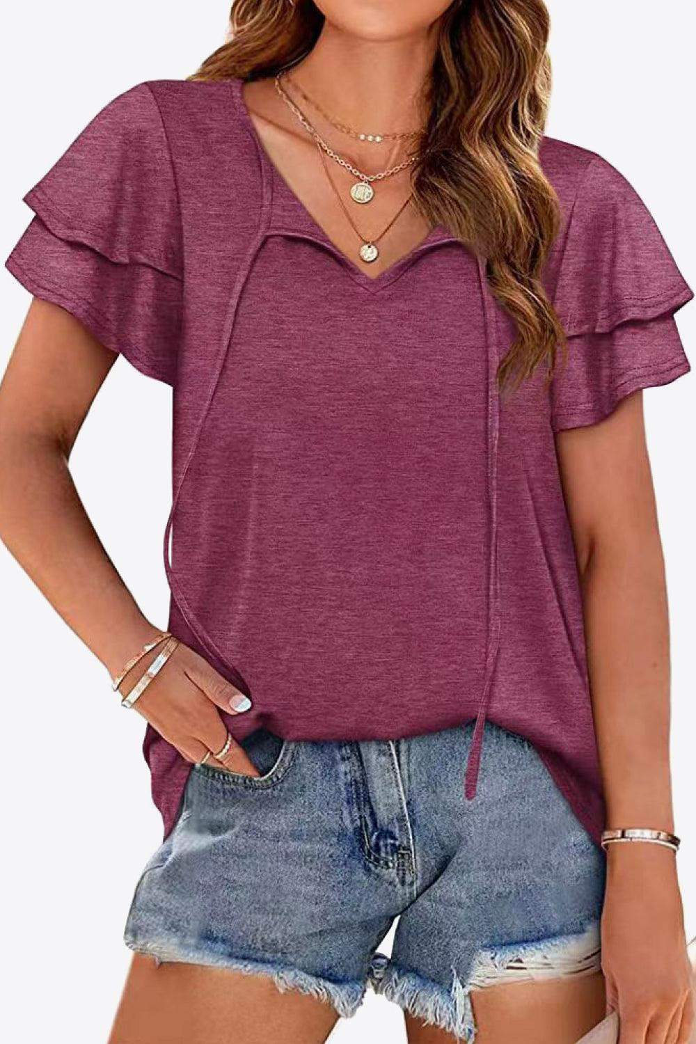 Tie-Neck Layered Flutter Sleeve Blouse - Trendsi - Flyclothing LLC